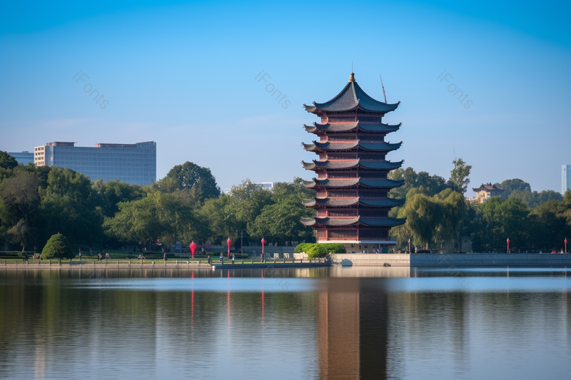 现代城市公园里湖边的古代佛塔摄影实拍,高清,摄影图,摄影图片,图片大全,摄影图免费下载